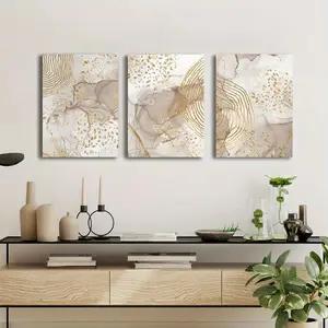 3pcs Modern Bohemian Beige and Golden Marble Canvas Wall Art Set, Wood Framed Wrapped Canvas Prints , Indoor New Year Decor, Contemporary Home Decoration, Framed Canvas Wall Art Ready to Hang, Perfect for Room Decor Gift Hanging Ornaments Artistic Photo