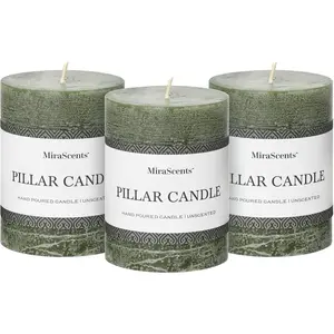 3x4 Inch Moss Green Pillar Candles Set of 3 Long Clean Burning Smokeless Dripless Candles for Spring Home Decor Dinner Table Bathroom Rustic Decor