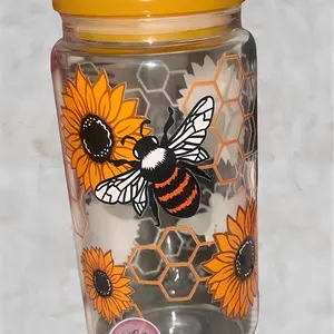 Bumble bee & Sunflower 16oz glass can/cup with straw Drinkware Lid Beverage Tumblers
