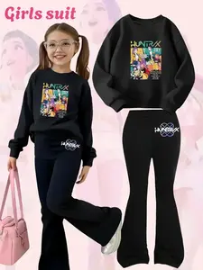Girls Kpop Demon Hunters Cartoon Print Hoodie & Bell Bottoms Set, Fall Winter Fashion, Comfortable Kids Clothing, Christmas Gift