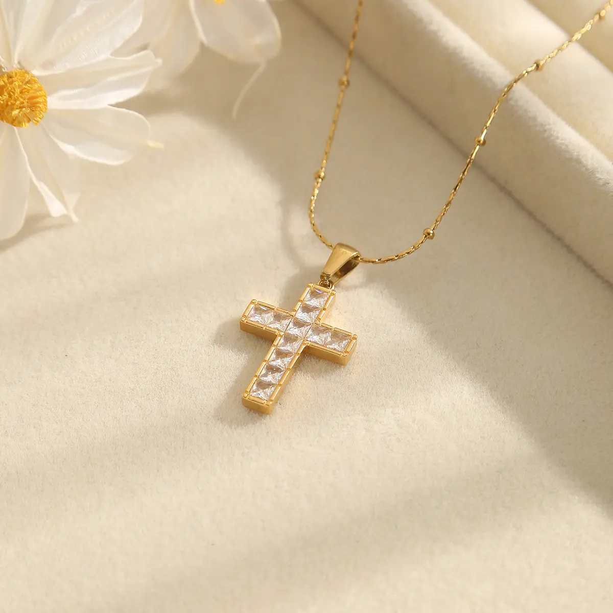Women's Gold Cross Pendant Necklace - Dainty Cubic Zirconia Clavicle Chain with Lucky Clover, Heart, Planet Charms - Costume Jewelry Gift
