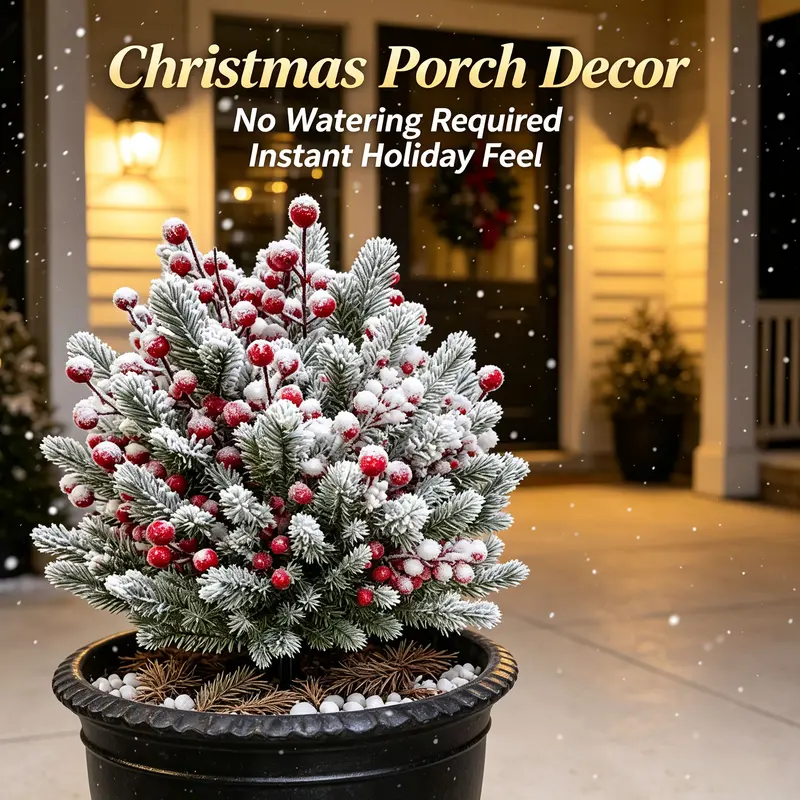 Artificial Daisy & Eucalyptus Plastic Flower Decoration Set - Weatherproof Home Decor Items, Christmas Style Ornaments with Berry Stems, Fruit Accents, Boxwood Greenery, Flocked Pine Stems for Outdoor Use