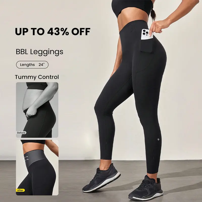 GLOWMODE 24'' BBL CoreHold Tight Fit Boning Tummy Control FeatherFit-Sculpt Leggings with Side Pockets Medium Impact