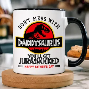 Humorous Dinosaur Dad Coffee Mug 11oz & 15oz, "Daddysaurus" Quote Print, Retro Adventure Themed Drinkware, Thoughtful Father's Day or Birthday Gift for Dads with a Sense of Humor