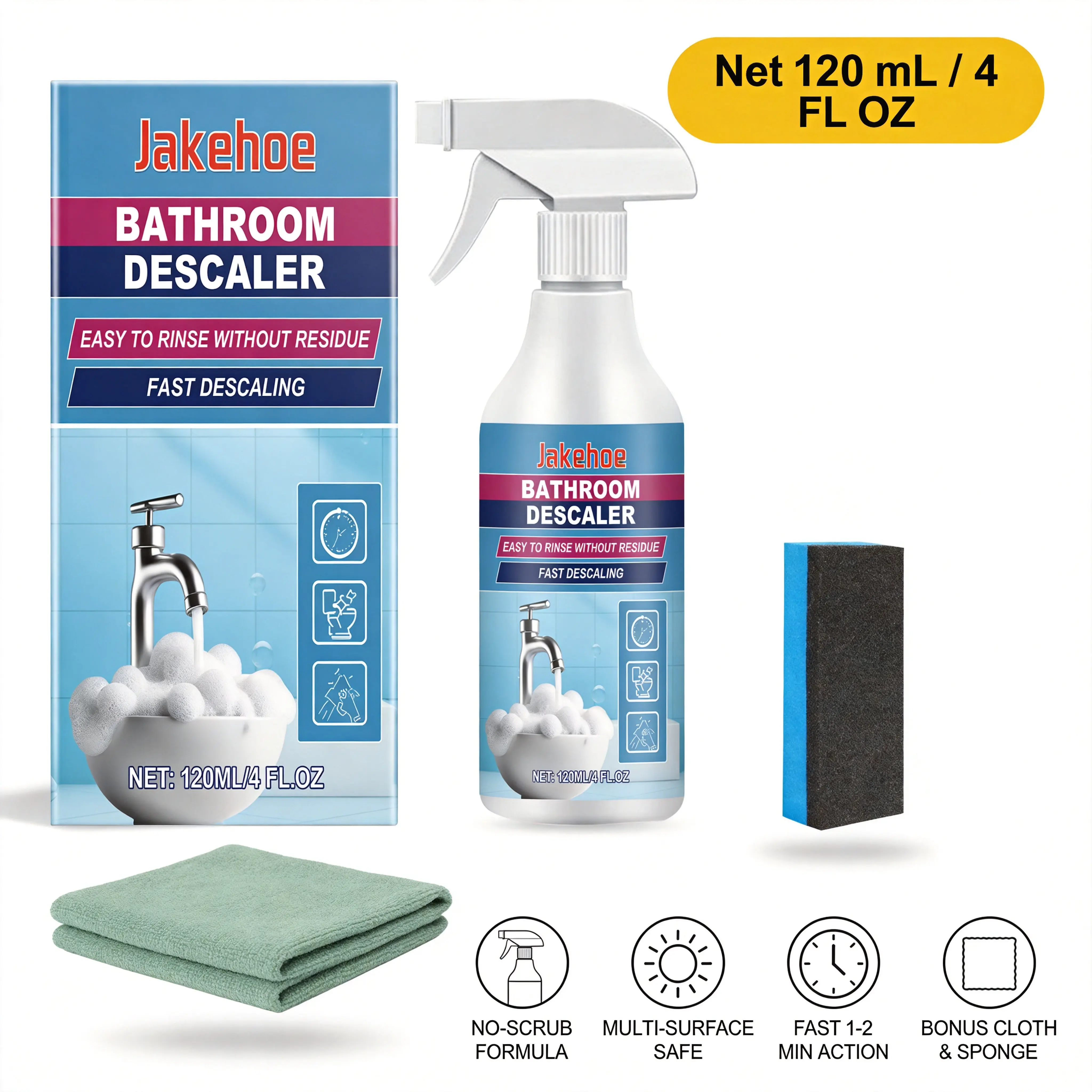 Jakehoe Bathroom Descaler Spray - Stain Removal Spray, All-Purpose Bathroom Care Daily Cleaning Solution, Fast-Acting No-Scrub Limescale & Soap Scum Remover for Shower Glass, Faucet, Tile, 4 FL.OZ Kit with Cloth & Sponge