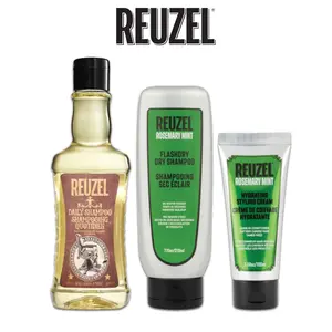 REUZEL Cleanse & Hydrate Shampoo Trio - Rosemary Hydrating Styling Cream + FLASHDRY No Rinse Dry Shampoo + Daily Shampoo