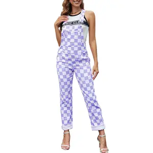ODEFOU Women's Checkered Stretch Adjustable Denim Overalls - Sleeveless, All-Seasons, Pockets, Cute Casual Jean Bib Coveralls, Christmas Jumpsuit Clothes for Women