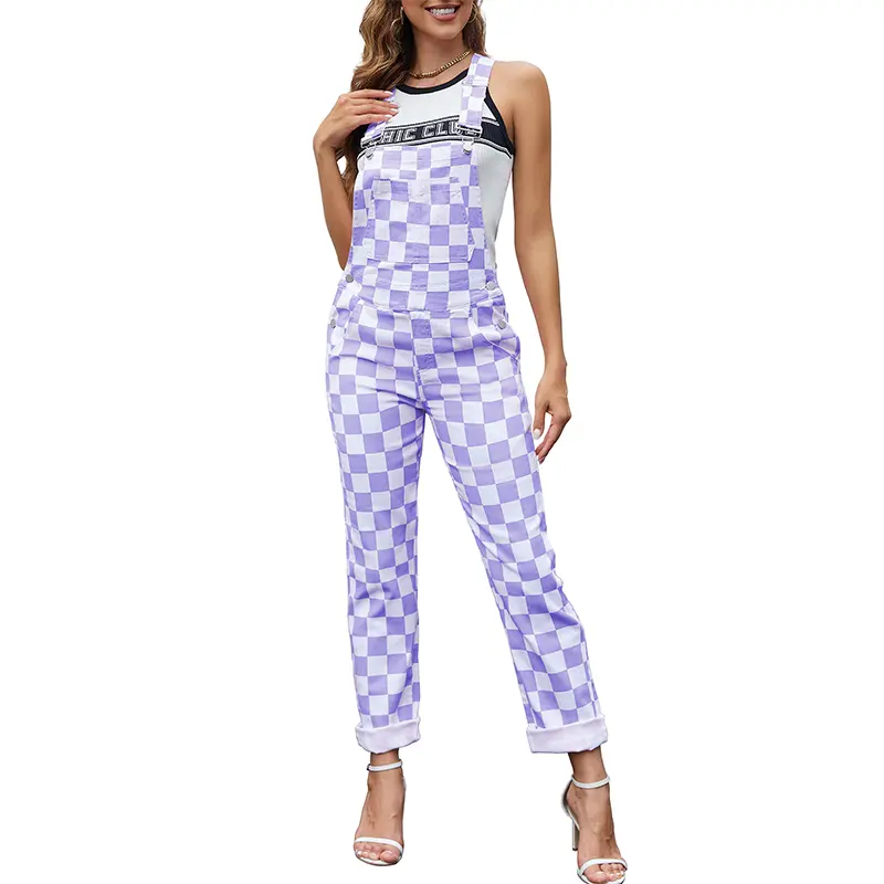 ODEFOU Women's Checkerboard Plaid Stretch Denim Bib Overalls - Sleeveless, Adjustable Straps, Pocketed, Lumbar Support, Basic All-Season Casual Outfit, Christmas Jumpsuit, Holiday Gift, Classic, Mother's Day, Valentine's Day Gifts, Plaid Pattern, All Seas
