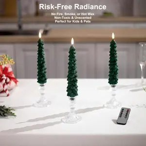 Christmas Tree Candles with Remote Timer 2 Pcs 3 Pcs and 4 Pcs Waxy Flameless Taper Candles Flickering Battery Operated LED Candlesticks with 3D Flame Wick Green Window Candle for Christmas Decorations