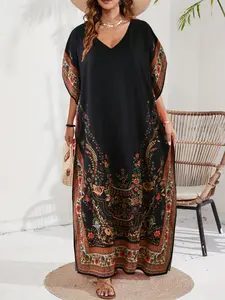 Women's Middle Eastern Muslim Robe, Casual Summer Elegant V-Neck Floral Print Loose Long Split Beach Vacation Dress, Islamic Modesty Clothes