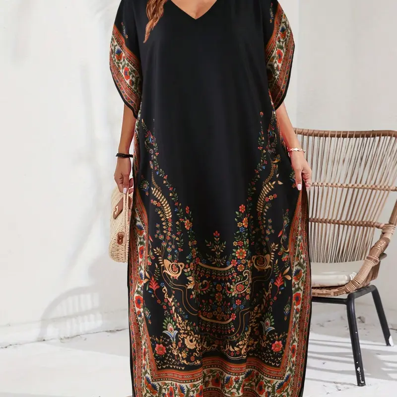 Women's Middle Eastern Muslim Kaftan Boubou Robe, Caftans Casual Summer Elegant V-Neck Floral Print Loose Maxi Long Split Beach Vacation Dress, Islamic Clothing Modesty Clothes, Muslim Outfits