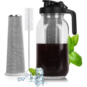 Cold Brew Coffee Maker - 64 Oz Heavy-Duty Glass Mason Jar Pitcher with Stainless Steel Filter, Leak-Proof Lid, Ergonomic Handle & Precision Pour Spout – Ideal for Iced Coffee, Tea, Cold Brew (Black)