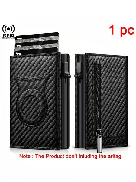 Rfid Men's Wallet with Airtag Holder, Slim Carbon Fiber Credit Card Case, Anti-Theft, Multi-Card Slots, Zipper Coin Pocket
