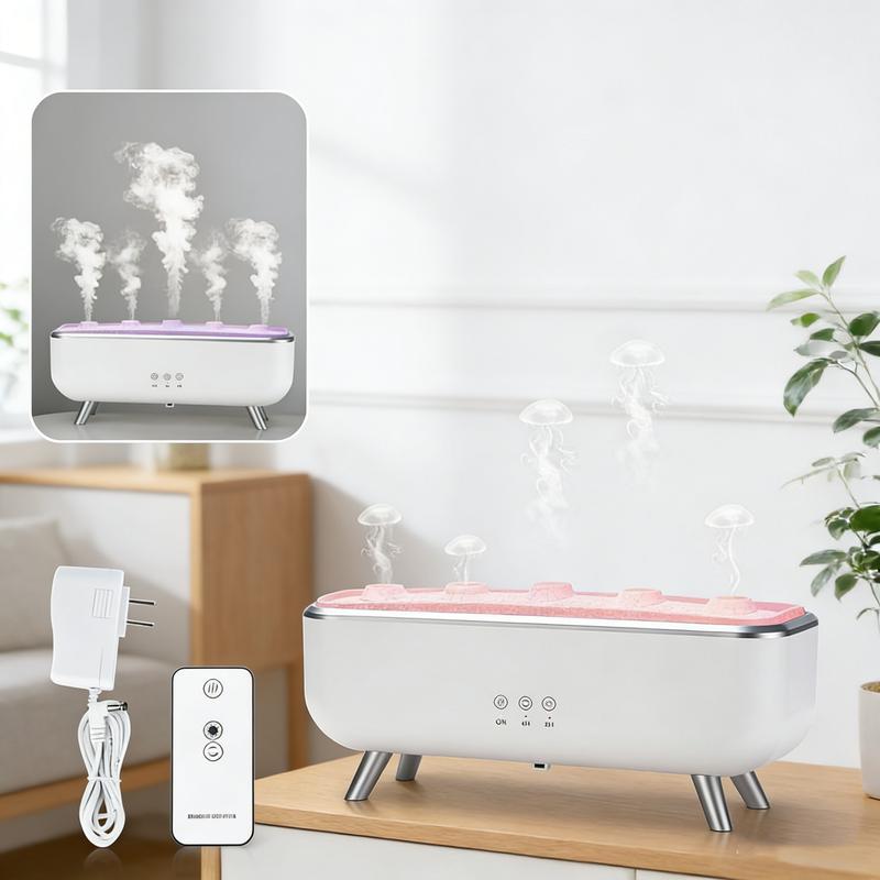 Dynamic Jellyfish Aroma Diffuser 300ml Humidifier for Bedroom Waterless Auto-Off with Timer Remote Control 7-Color Mood Lighting 4-Hour 8-Hour Dual Timers 5 Nozzles for 360° Mist Diffusion Home Bedroom Gift