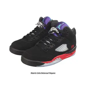 Black Suede High-Top Retro Basketball Shoes with Purple Suede Tongue, Silver Mesh, and Red Flame-Print Midsole