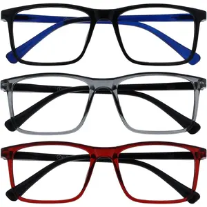 Reading Glasses 3 Pack Large Rectangular Frame Black Grey Dark Red Spring Hinges Scratch Resistant Mens Womens RRR4-17Z +2.50