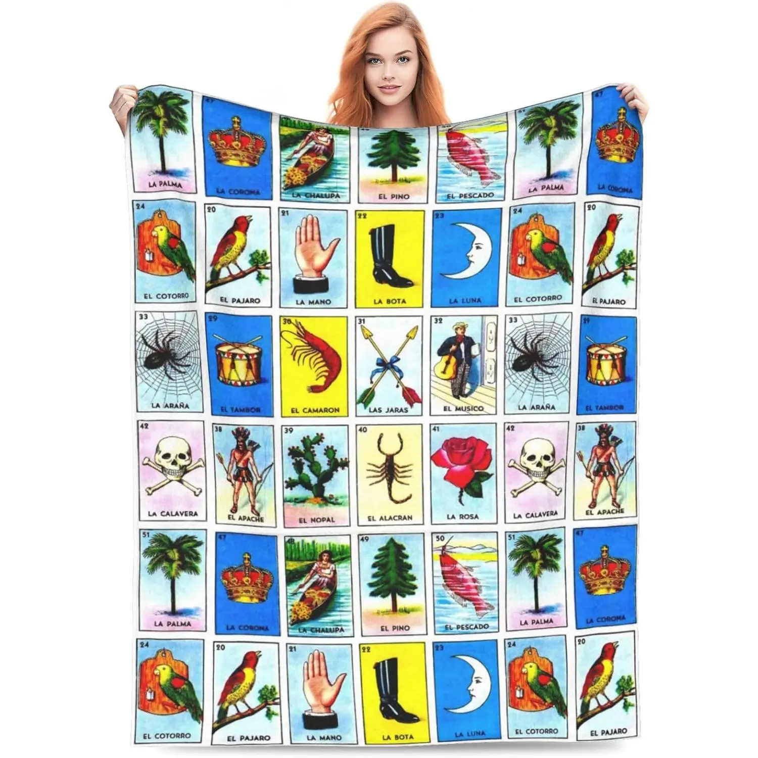 Mexican Loteria Cards Flannel Throw Blanket, Bed Blanket for All Seasons Winter Bedding Blankets for Sofa Bedroom Home Decorstress relief blanket