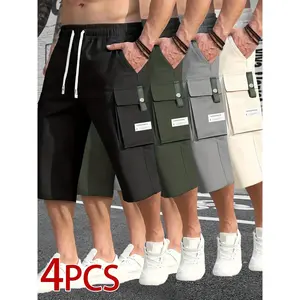 Pack of 4 summer cargo shorts-fashionable street-style casual bermuda shorts with a loose fit and large pockets, ideal for outdoor wear in summer and suitable as gifts. Plain Beige Tropical Menswear Man