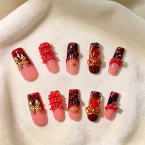 Luxury Glossy Red Nude Press On Nails | Handmade 10 Pcs Acrylic with 3D Bow & Ruffle Details, Trendy Coquette Long Square