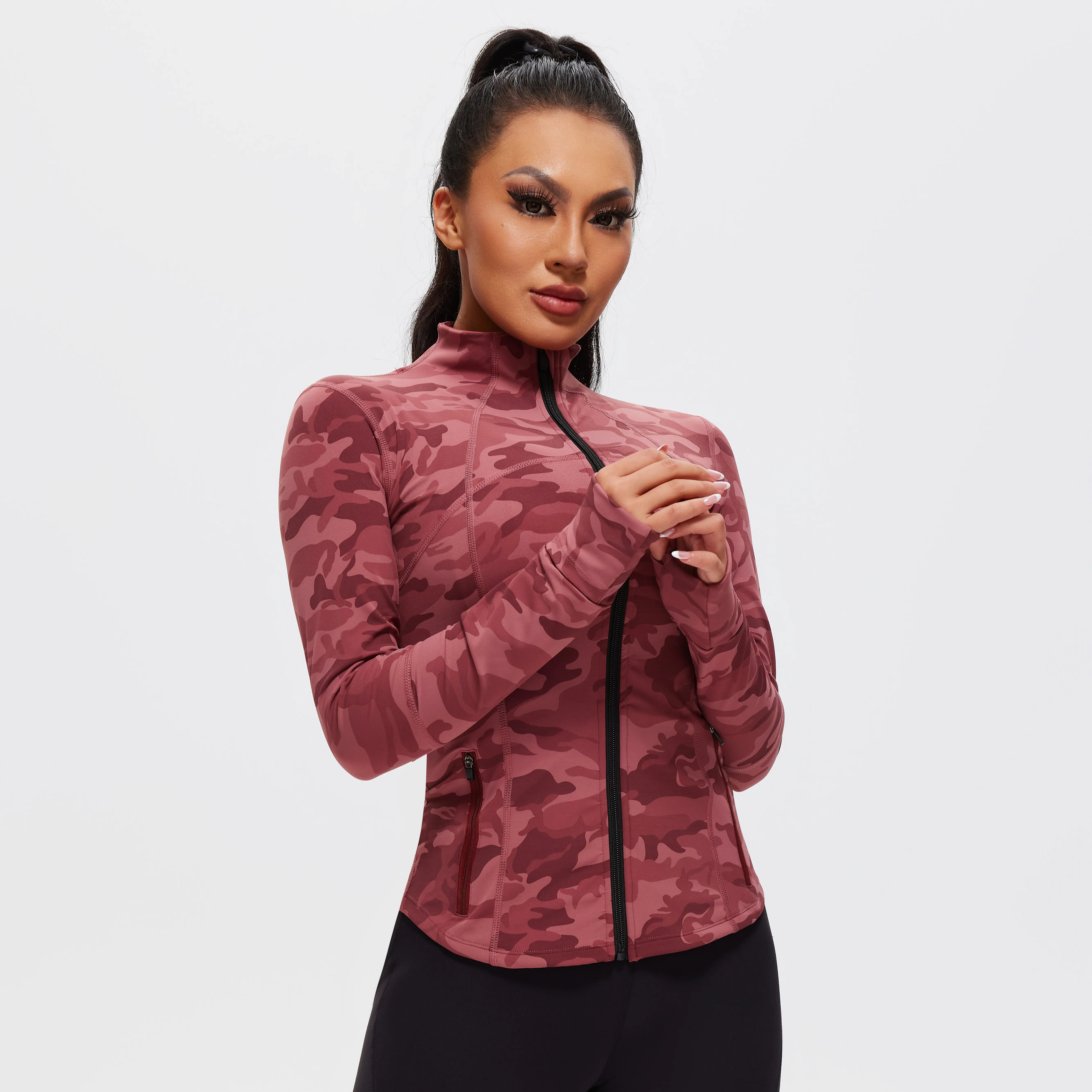 AFZ Women's Lined Collar Zipper Long-Sleeve Slim Fit Camouflage Sports Jacket - Shapewear with Pockets for 2024 Fall/Winter Workout, Yoga, Sporty Sports Outerwear