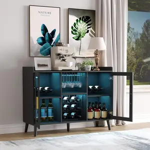 Modern Wine Bar Cabinet with LED Lights, Glass Doors & Wine Rack, Freestanding Coffee Bar Sideboard