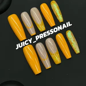 Orange-yellow sequinned long coffin nails