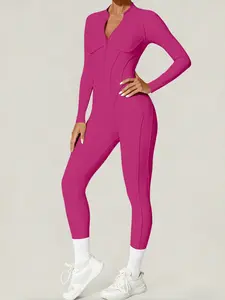 Women's Autumn Winter Zipper Long Sleeve Yoga Jumpsuit, Backless Tight-Fit Sports Bodysuit, Casual Plain Above Ankle Fit, Sporty Comfy Jumpsuit