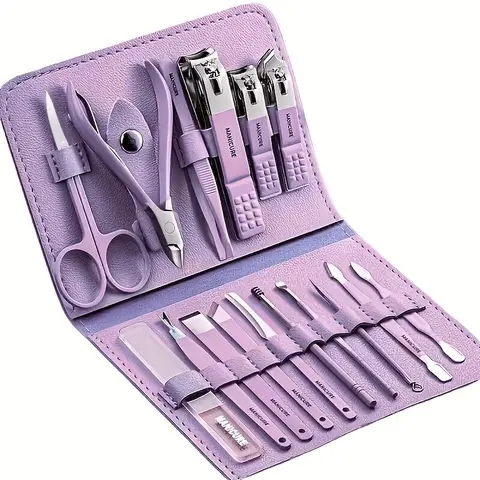 Women's 16-Piece Basic Professional Stainless Steel Nail Care Multi-Tool Kit - Casual-Style Violet Travel Case, Clippers, Cuticle Pusher for Home, Travel Use, Perfect Gift for Girlfriend