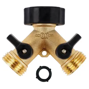 2-Way Brass Garden Hose Splitter, Leakproof Y Connector with Dual on/Off Valves & 1 Extra Rubber Washers, Water Spigot Divider for Outdoor Faucets