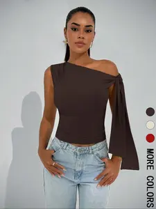 Women's Plain Knot One Shoulder Tee Top, Casual Asymmetrical Short Sleeve T-shirt for Summer, Ladies Clothes for Daily Wear