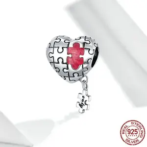 925 Sterling Silver Red Heart Puzzle Dangle Charm for DIY Bracelets