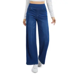 MAGCOMSEN Elastic High Waist Wide Leg Stretchy Jeans for Women Pull On Baggy Fit Jeans Tummy Control Trousers Casual Work Wear FallFreshness Outdoorfun