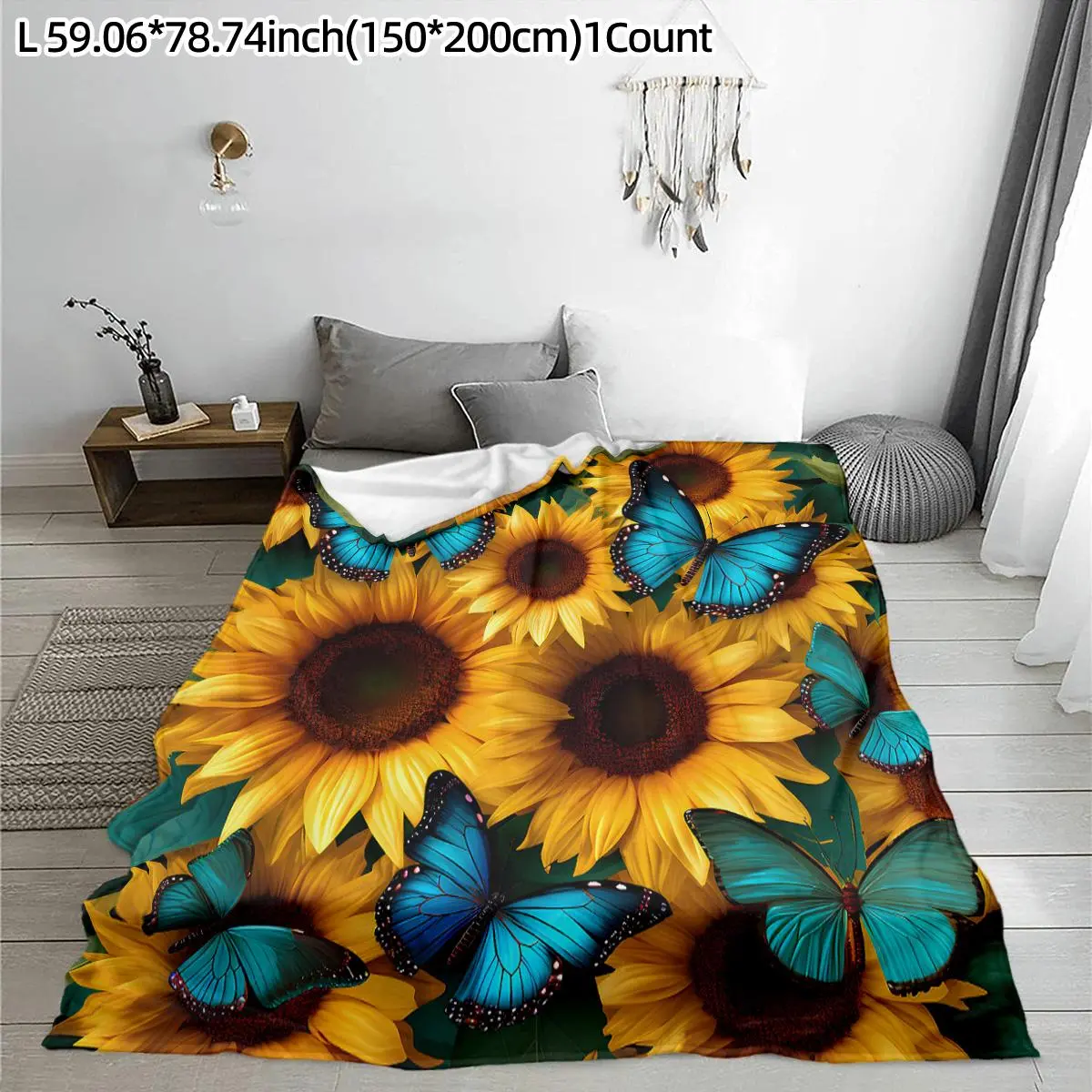 Sunflower & Butterfly Detail Fuzzy Fabric Breathe Blanket, Colorful Afghan Blanket for Home, Office Airconditioned Rooms, Breathe Blankets, Butterfly Detail Blankets