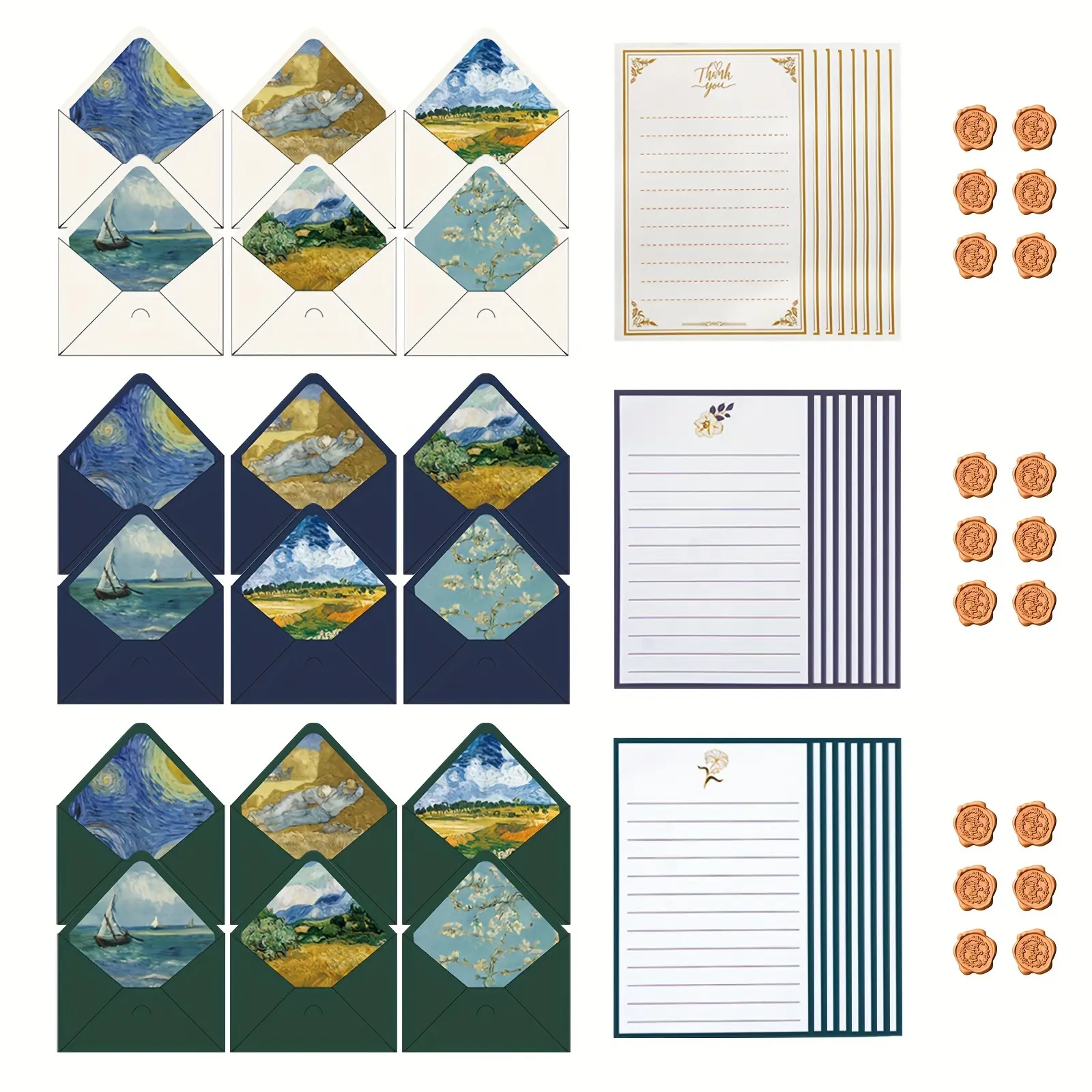 60 Pcs Famous Painting Series Stationary Paper and Envelopes Set Including 24 Sheets Lined Writing Papers 18 Matching Envelopes 18 Wax Sealer Stickers, 5.5 x 8.25 Inch