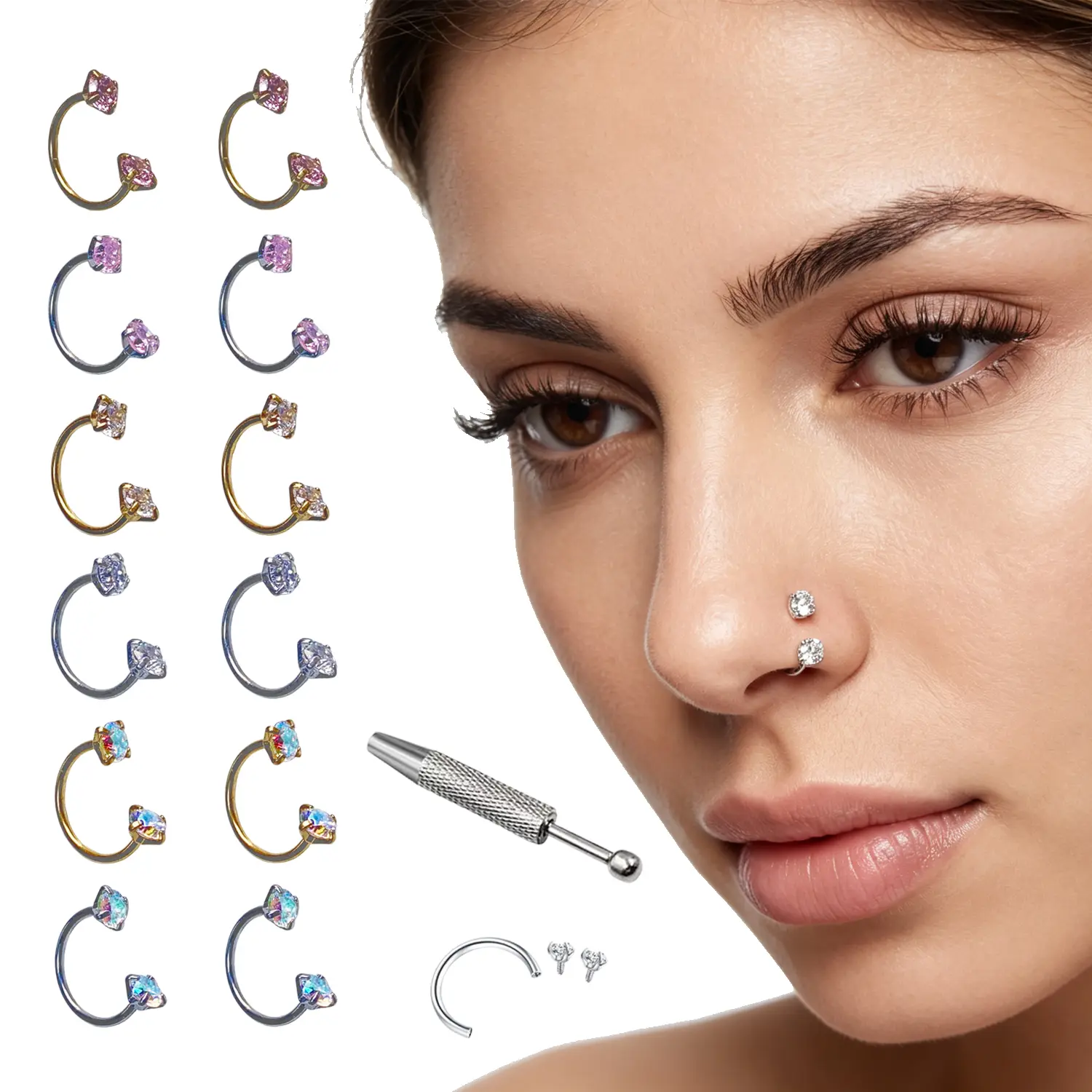 2PCS 18G/20G Horseshoe Nose Ring, Internally Threaded Gem Nose Hoop Piercing Jewelry | Free Ball Grabber Tool Included｜Caution: Avoid Overtightening, Pre‑Tighten Using Provided Tool Then Finish Tightening By Hand
