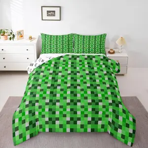 Pixel Checkered Comforter Set,Miners Gaming Plaid Bedding Set,Video Game Grids Comforter for Kids Boys Teen,Green Abstract Camo Quilt Duvet