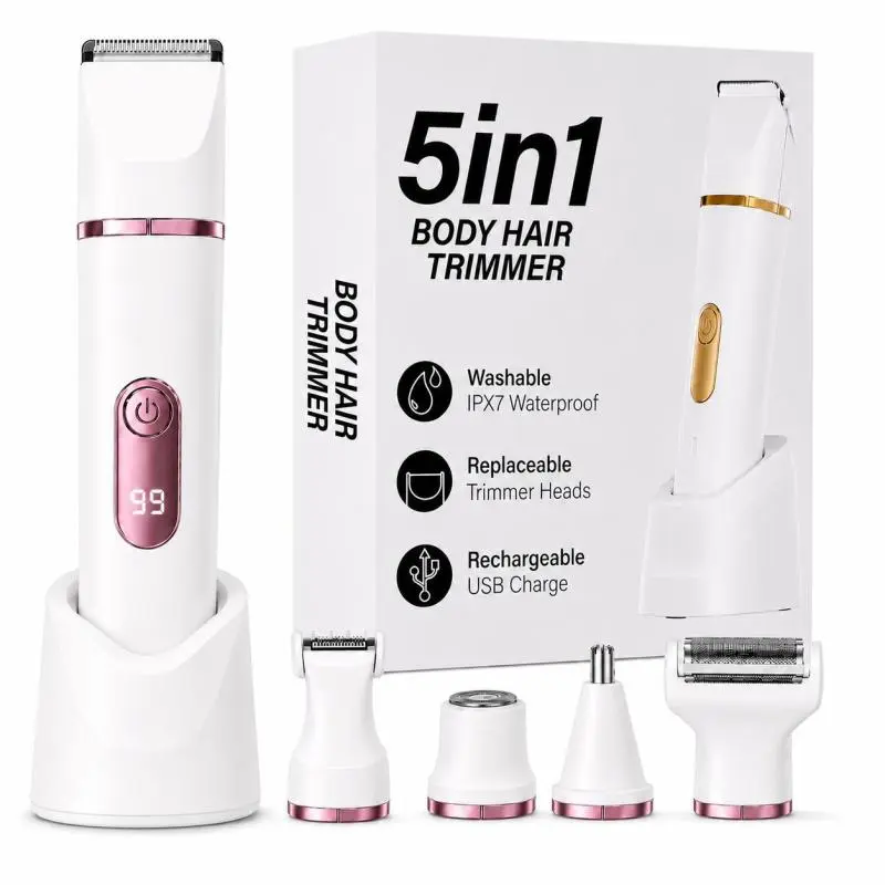 5in1 Painless Electric Razors for Women,Waterproof Pubic Hair Trimmer and Facial Hair Remover,LED Display Body Shaver for Trip,Rechargeable men's Grooming Kit private area travel-friendly gift
