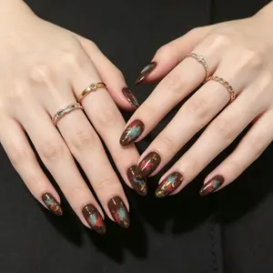 Handmade Press On Nails, Medium Almond Dark Brown Nails with Red Teal Marble & Gold Foil, Reusable Glue On Nails for Women