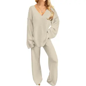 Womens 2 Piece Fuzzy Fleece Lounge Sets Long Sleeve V Neck Pajama Set Fluffy Pjs Matching Loungewear
