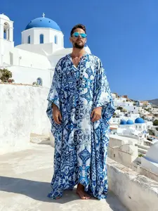 Men's Blue Print Long Robe, Loose Fit Casual Vacation Style, Polyester Fabric, Comfortable Breathable, V-Neck Boho Beach Cover-Up, Swimsuit Cover Up