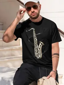 Saxophone 2026 new model Black/White Tee Stylish & Comfortable Loose Crew Neck Short Sleeve T-shirts Versatile On Trend Eye Catching Printed Graphic Casual Tee for Daily Wear Outings & Leisure