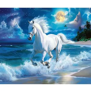 1PC  Diamond Painting Moonlit Beach White Horse Diamond Painting Kit, Full Drill Round Square Diamonds, DIY Handcraft for Home Wall Decor, Perfect Gift for Horse Lovers and Art Enthusiasts