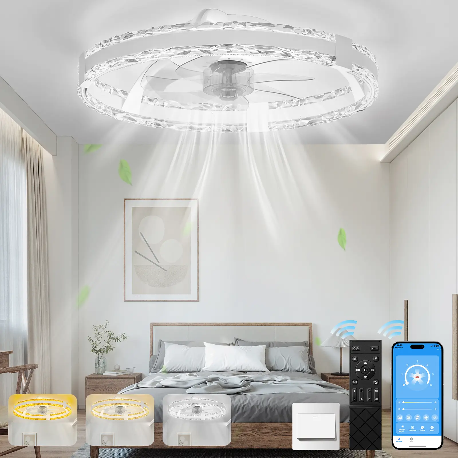 Ceiling Fans with Lights and Remote, 20'' Flush Mount Ceiling Fan of 150° Ultra Wide, Low Profile Ceiling Fan with 6 Speeds, 3000-6500K Dimmable Led f