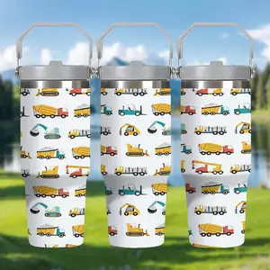 1pc engineering vehicle full-printed pattern, 30oz insulated stainless steel water bottle with straw - large-capacity car ice cup, suitable for both hot and cold drinks, an ideal gift for sports , also suitable for outdoor camping, coffee cups and mugs