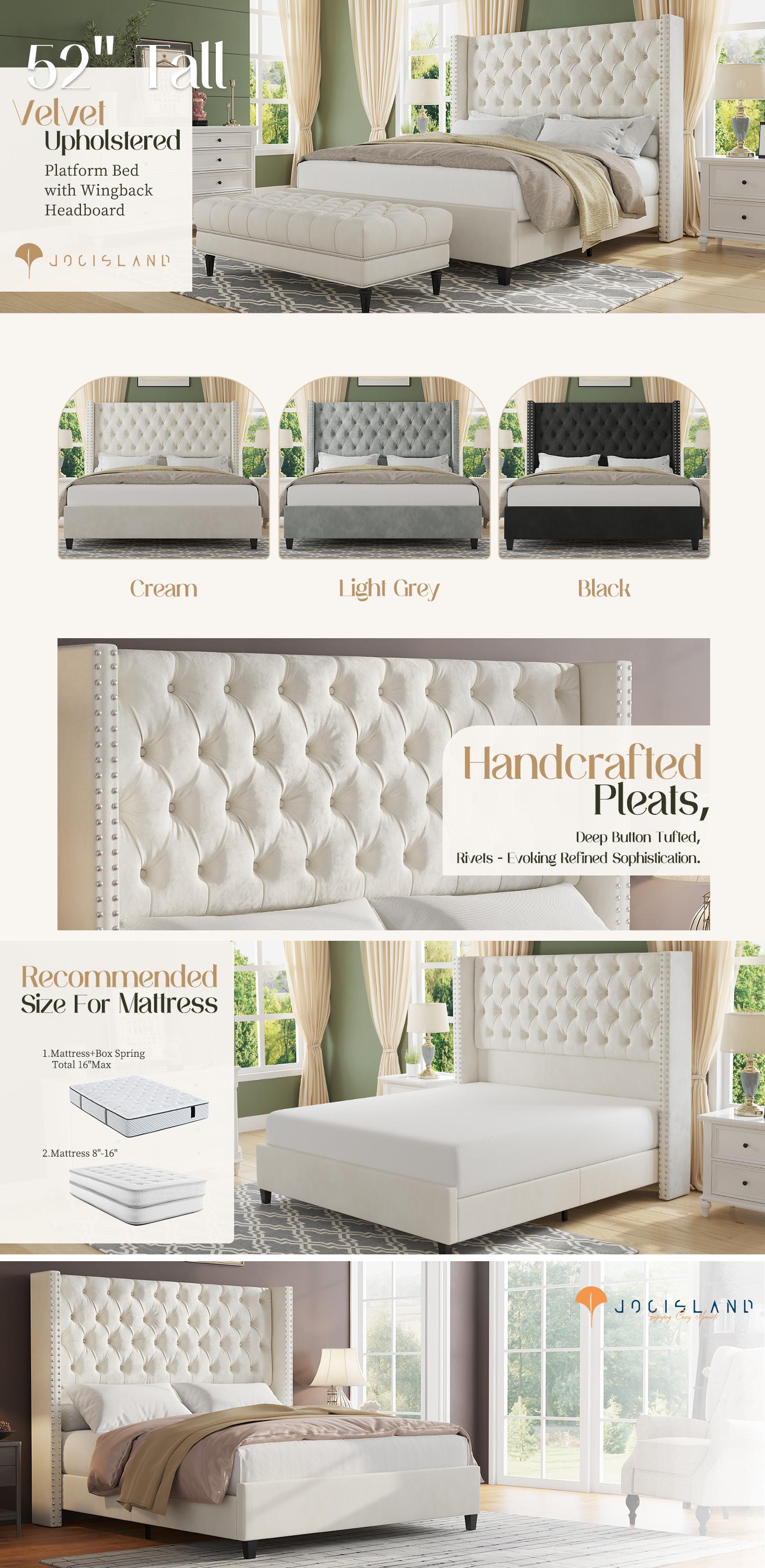 AMERLIFE Modern Bed Frame, Velvet Upholstered Platform Bed with 51.6" Tall Wingback Headboard, Deep Button Tufted, No Box Spring Needed/Sturdy Structure Design/Luxury Furniture Design/Queen/King Size/Best Gift Ideas/Christmas Gifts