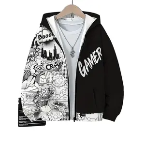 (New)[Playful Style] Boys' Black and White Gamer Graphic Hoodie - Zip-Up Long Sleeve Jacket with Pockets, Cool Print Design for Fall/Winter Casual Wear, Boys Casual Wear |       Playful Graphic Hoodie |       Machine Washable Fabric, Hoodies for Teens