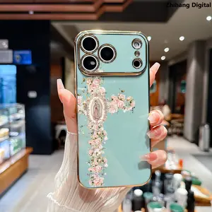 Premium Elegance Luxury Golden Edge Electroplating Phone Case for iPhone 17 Pro Max Air 16 Plus 15 14 13 12 11 Creative Floral Cross Aesthetic Design Shockproof Non Slip Military-Grade Protection Silicone Cover Cellphone Protective Smartphone Casing