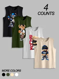 Men's Bear Pattern Print Round Neck Sleeveless T-Shirt, Casual Comfortable Vest, Ideal for Summer Outdoor Fitness, 4 Pieces Set