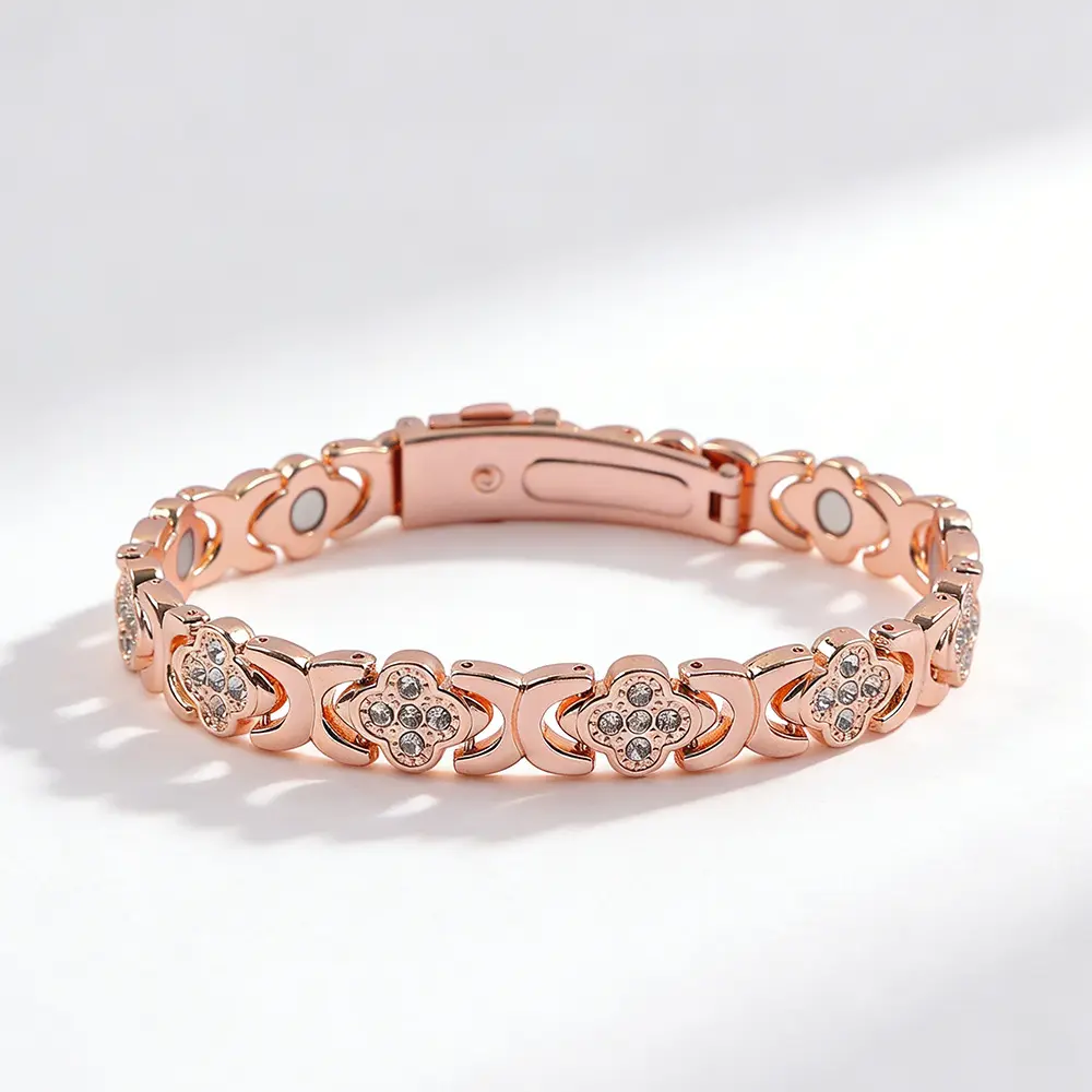 Spring 2026 Unisex Matching Sets - New TK Hot-Selling Titanium Alloy Bangle Bracelets with Red Copper Strap Buckle, Rose Gold Clover Design, Magnetic Health Glass Flowers & Stainless Steel Miami Cuban Link Heart Charm Necklace