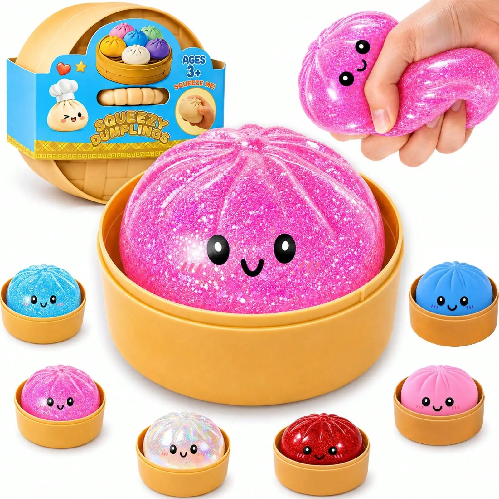 Dumpling Squishies, Glitter Dumpling , Fidget Sensory Toy for Adults,Colorful Dumplings Stress Balls with Food Steamer,Stretchy Desk Toys (random color) squishy toys